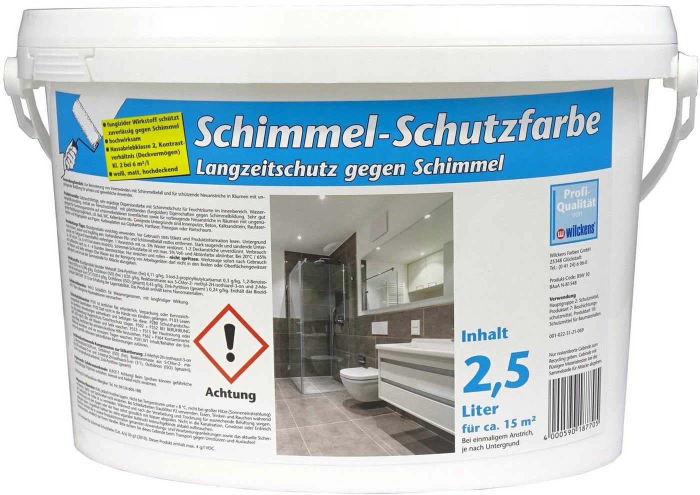 Wilckens Farben Wand- und Deckenfarbe Wilckens Schimmelschutzfarbe 2,5 Liter, Schimmelschutzfarbe, Langzeitschutz gegen Schimmel, weiß 2,5 L. Wilckens