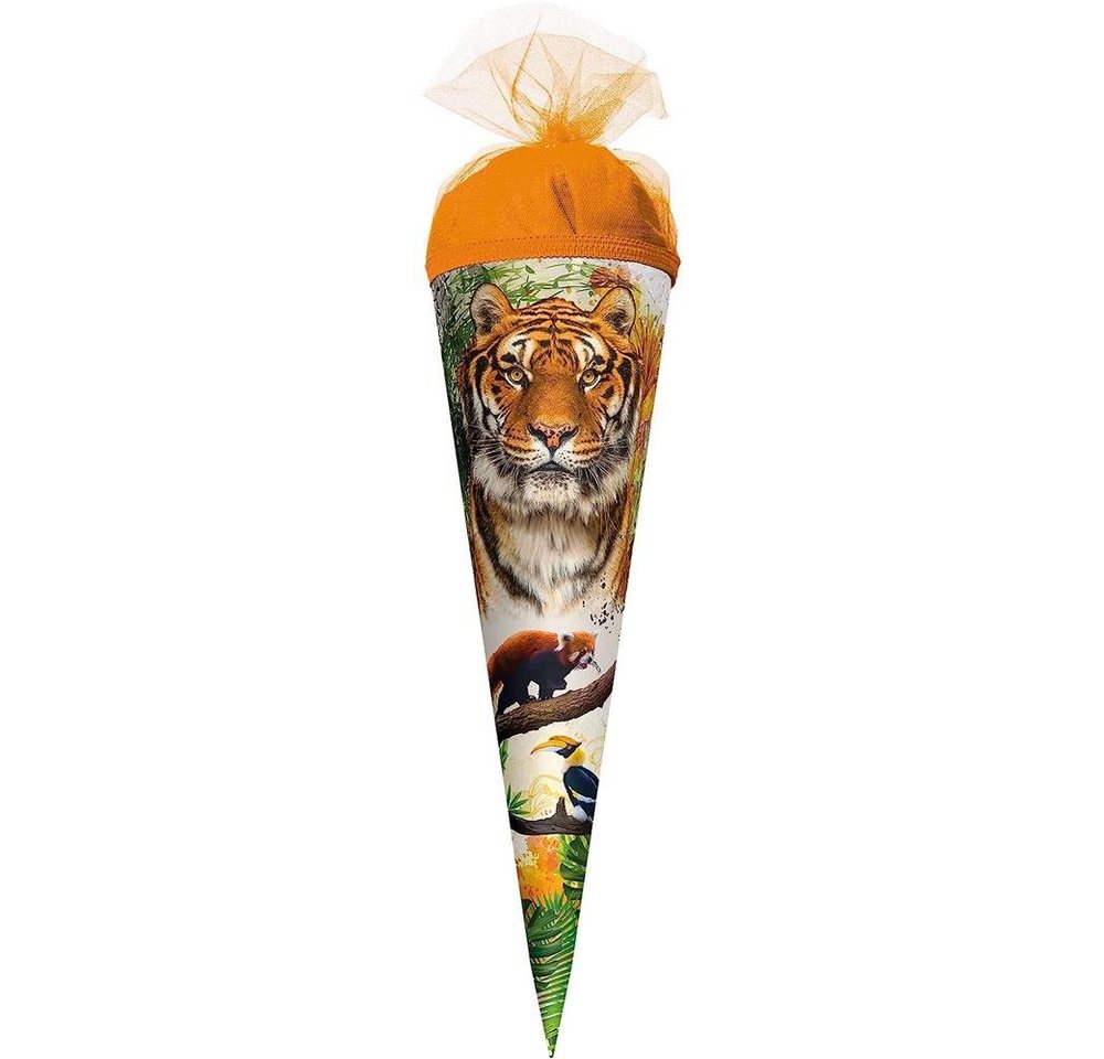 Roth Schultüte Tiger, 35 cm, rund, orangefarbiger Tüllverschluss, Zuckertüte für Schulanfang