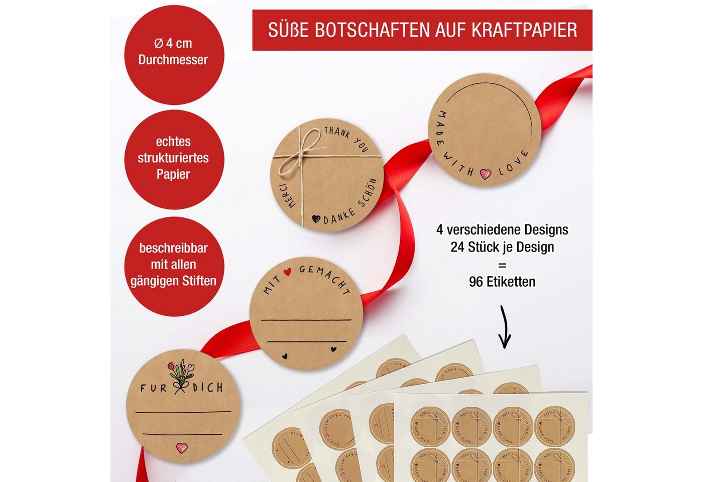 TOBJA Aufkleber Sticker Rund "Kraftpapier" 4 Bögen Geschenk Marmelade, 96 Klebeetiketten Kraftpapier Sticker Aufkleber 4 cm Geschenksticker