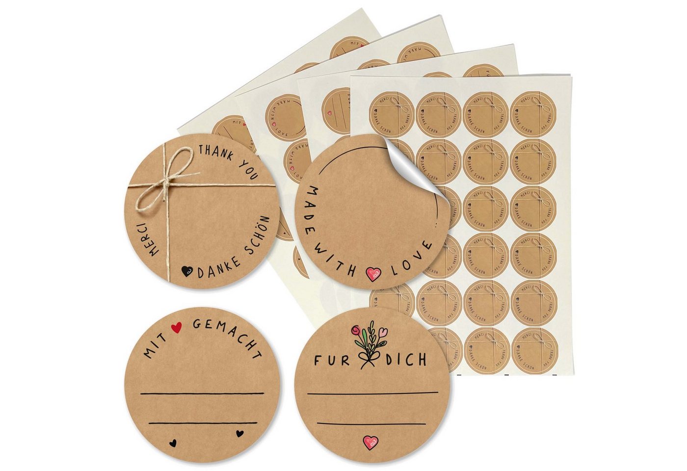 TOBJA Aufkleber Sticker Rund "Kraftpapier" 4 Bögen Geschenk Marmelade, 96 Klebeetiketten Kraftpapier Sticker Aufkleber 4 cm Geschenksticker Bild 3
