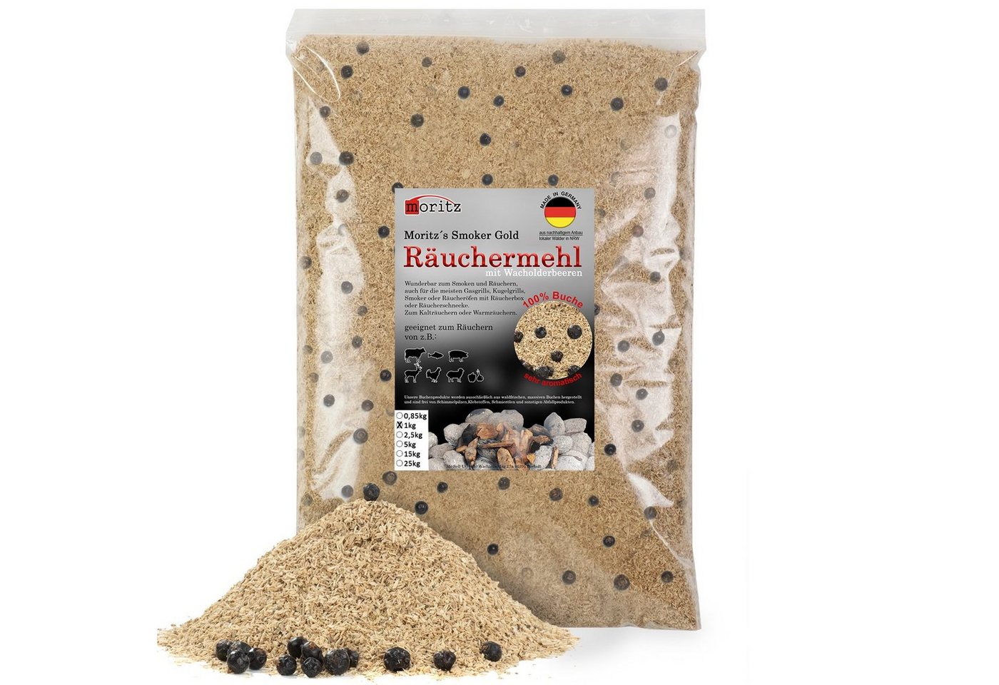 Moritz Räucherbox 1kg Räuchermehl Buche mit Wacholder fein 0,5 -1 mm zum smoken, räuchern/kalträuchern von Fleisch, Fisch, Gemüse geeignet