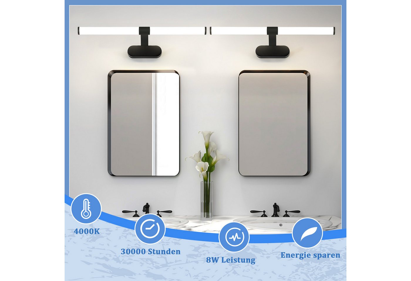 ZMH LED Spiegelleuchte 60CM Schwarz/Weiß Modern Wandlampe 8W für schrank, Augenschutz Design, LED fest integriert, 4000K Bild 5