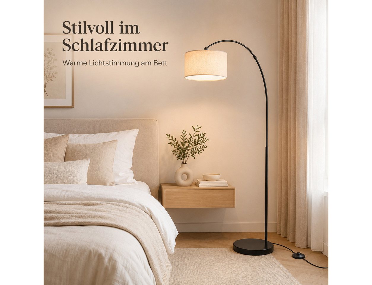 OYLCDI Stehlampe Bogenleuchte,Moderne Stehlampe mit Textilschirm Stoff Ø 36cm, Bogenlampen, Fußschalter und Textilkabel, E27(Glühbirne nicht enthalten) für wohnzimmer Leselampe Schlafzimmer,Büro Arbeitslampe, Wohnzimmerleuchte,Skandinavischer