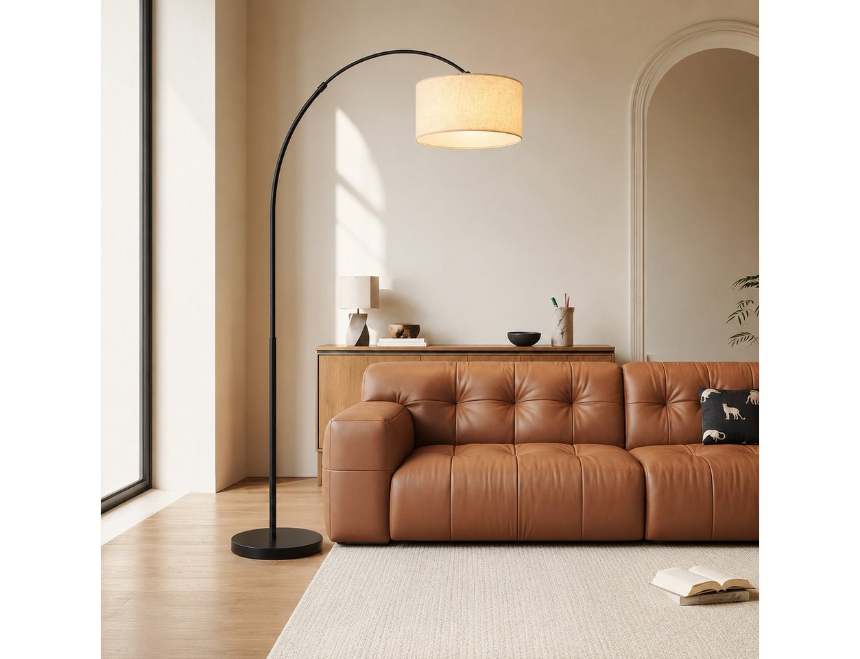 OYLCDI Stehlampe Bogenleuchte,Moderne Stehlampe mit Textilschirm Stoff Ø 36cm, Bogenlampen, Fußschalter und Textilkabel, E27(Glühbirne nicht enthalten) für wohnzimmer Leselampe Schlafzimmer,Büro Arbeitslampe, Wohnzimmerleuchte,Skandinavischer Bild 2