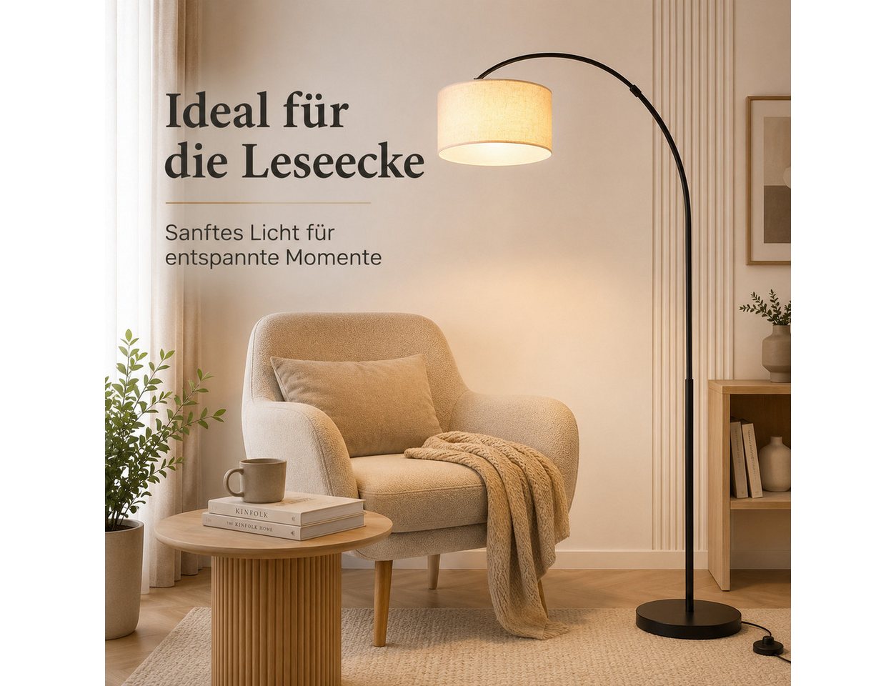 OYLCDI Stehlampe Bogenleuchte,Moderne Stehlampe mit Textilschirm Stoff Ø 36cm, Bogenlampen, Fußschalter und Textilkabel, E27(Glühbirne nicht enthalten) für wohnzimmer Leselampe Schlafzimmer,Büro Arbeitslampe, Wohnzimmerleuchte,Skandinavischer Bild 3