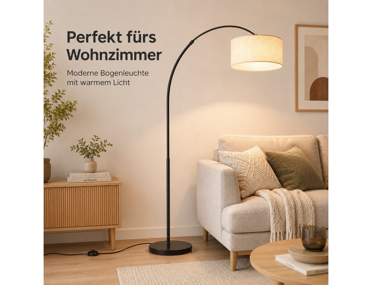 OYLCDI Stehlampe Bogenleuchte,Moderne Stehlampe mit Textilschirm Stoff Ø 36cm, Bogenlampen, Fußschalter und Textilkabel, E27(Glühbirne nicht enthalten) für wohnzimmer Leselampe Schlafzimmer,Büro Arbeitslampe, Wohnzimmerleuchte,Skandinavischer Bild 5