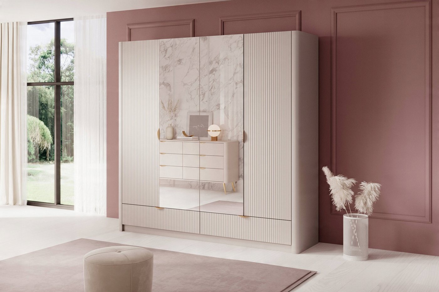 MOEBLO Drehtürenschrank Schrank Pholx H 213 (mit Spiegel und Schubladen, Goldene griffe, Kleiderschrank 4-türig Schrank Garderobe Schlafzimmer) (BxHxT):213x208x54 cm