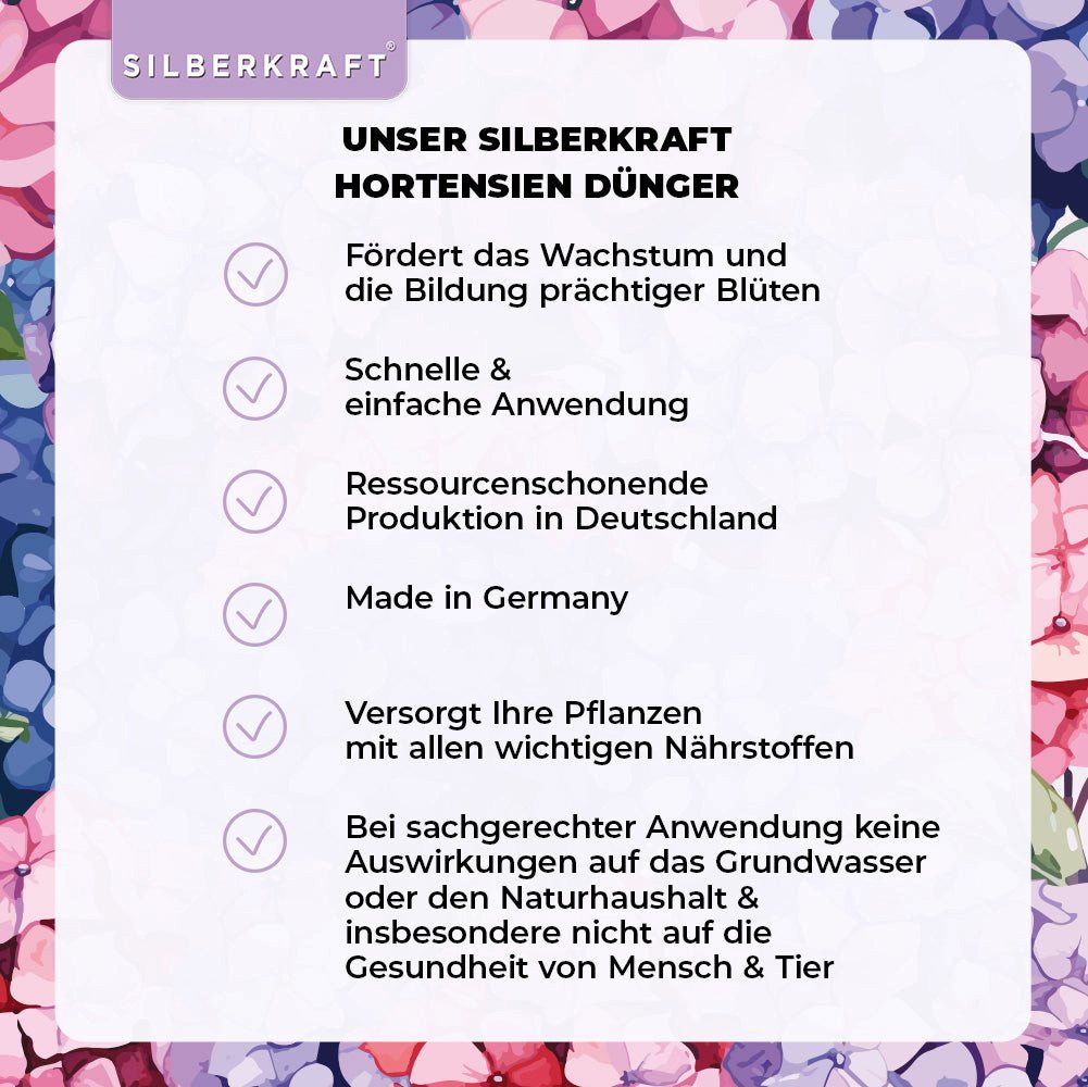 Silberkraft Pflanzenstärkungsmittel Hortensien Dünger - Mineralischer NPK Flüssigdünger mit Stickstoff, Fördert Blütenpracht & Wurzelstärke, Für alle Hortensienarten wie Hydrangea macrophylla, Spezialdünger für kräftige Blütenfarben & gesundes Wachstum Bild 3