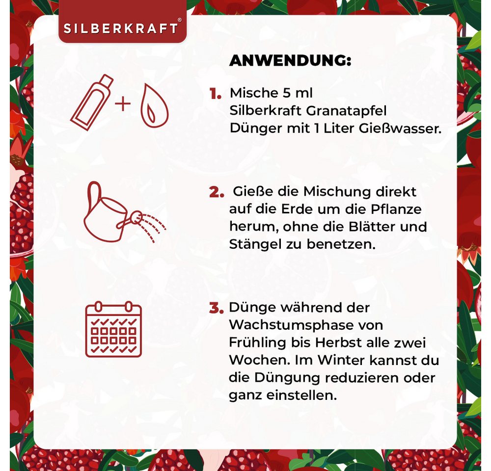 Silberkraft Pflanzenstärkungsmittel Granatapfel Dünger - Mineralischer NPK Flüssigdünger mit Stickstoff, Spezialformel für Granatapfelbäume & Ziergranatäpfel, Fördert Wurzelwachstum, Blattgrün & Fruchtbildung, Spezialdünger für Granatapfelbäume & Ziergranatäpfel Bild 2