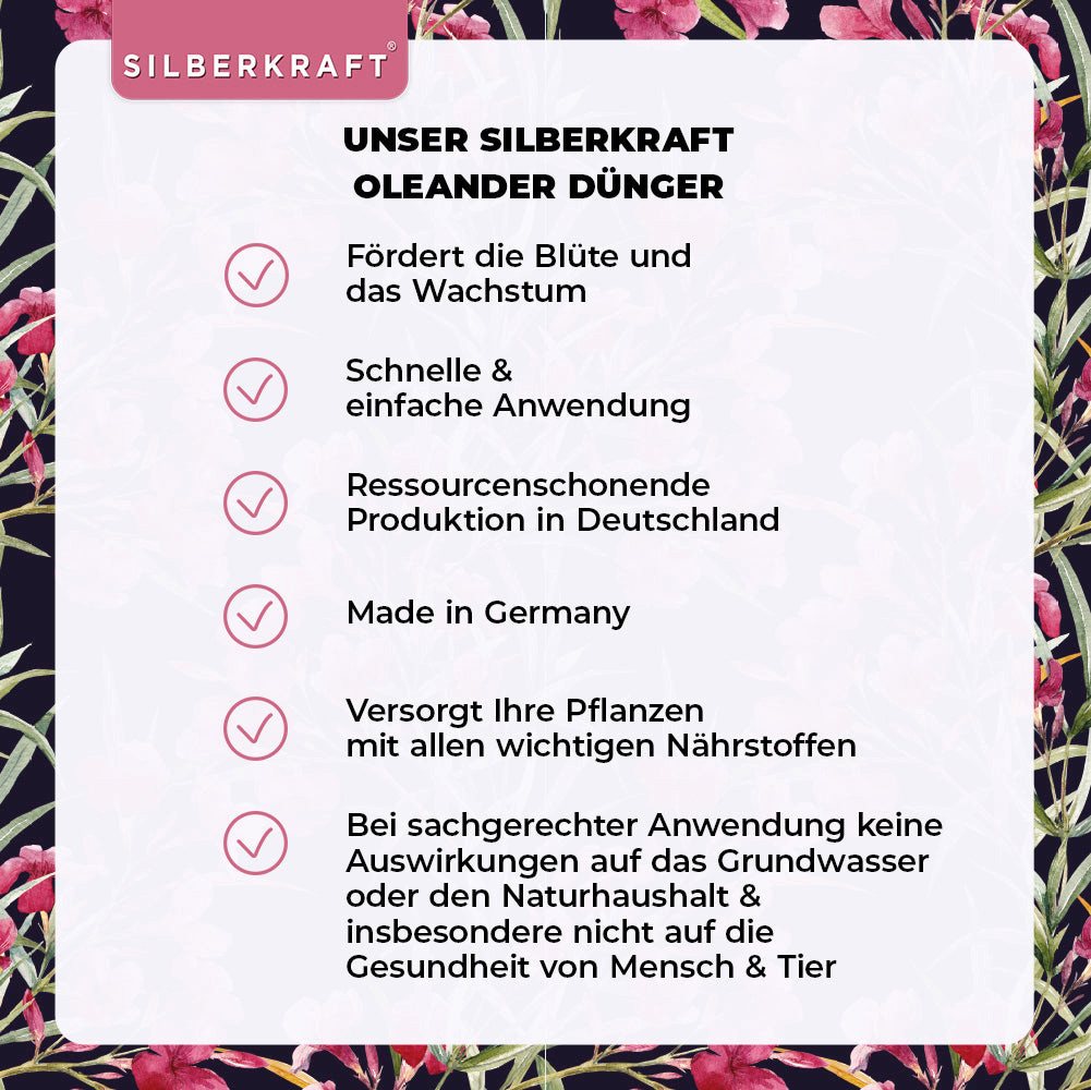 Silberkraft Pflanzenstärkungsmittel Oleander Dünger - Mineralischer NPK Flüssigdünger mit Stickstoff, Flüssigdünger Oleander – Mit NPK für Blütenpracht & Farbintensität, Oleander Dünger flüssig – Für kräftige Blätter & üppige Blüten Bild 2