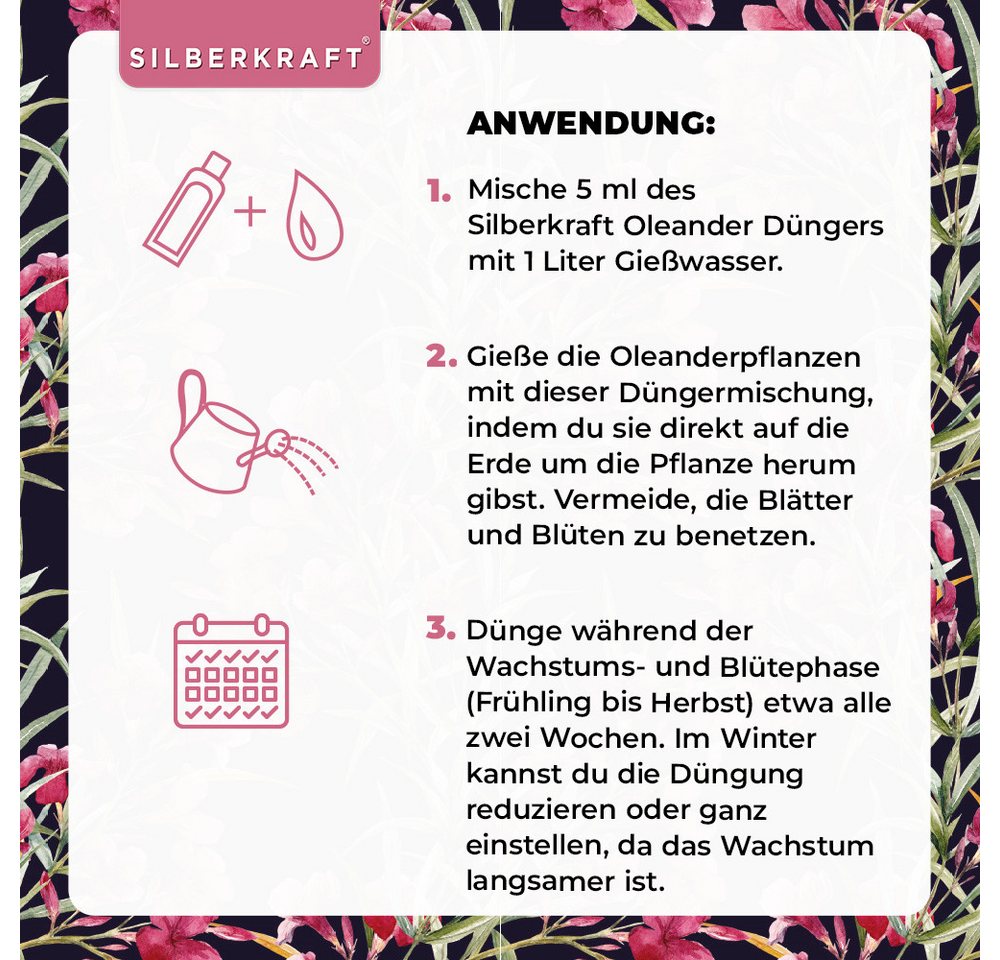 Silberkraft Pflanzenstärkungsmittel Oleander Dünger - Mineralischer NPK Flüssigdünger mit Stickstoff, Flüssigdünger Oleander – Mit NPK für Blütenpracht & Farbintensität, Oleander Dünger flüssig – Für kräftige Blätter & üppige Blüten Bild 5
