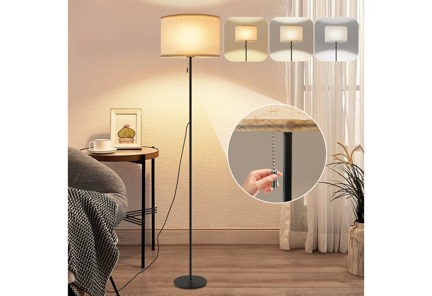 Nettlife LED Stehlampe Vintage Lampenschirm Dimmbar Wohnzimmer Beige mit Seilzugschalter, mit Seilzugschalter, LED fest integriert, Farbwechsler, Retro Leselampe für Schlafzimmer Esszimmer Büro