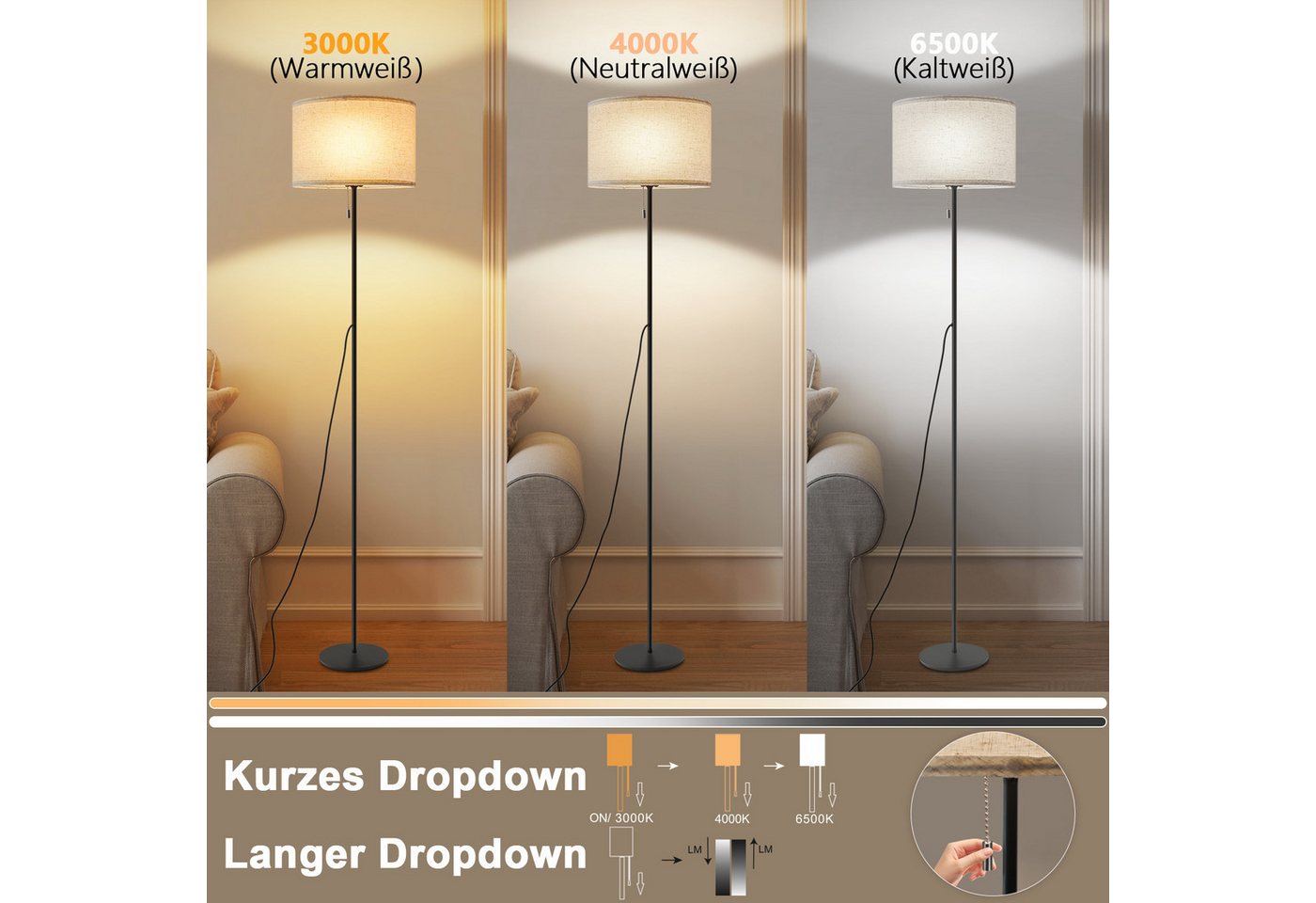 Nettlife LED Stehlampe Vintage Lampenschirm Dimmbar Wohnzimmer Beige mit Seilzugschalter, mit Seilzugschalter, LED fest integriert, Farbwechsler, Retro Leselampe für Schlafzimmer Esszimmer Büro Bild 2