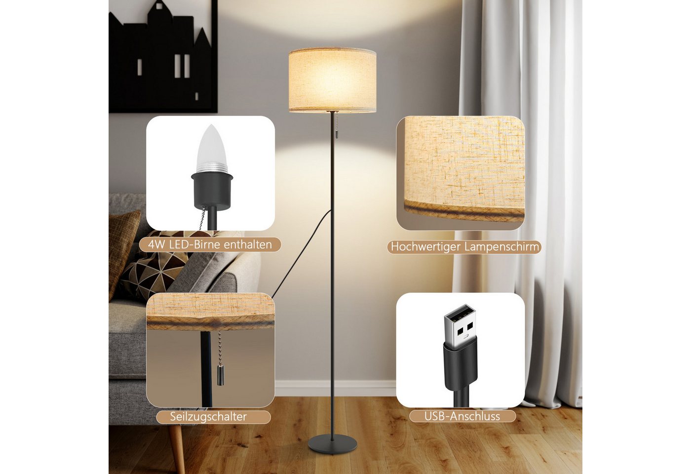 Nettlife LED Stehlampe Vintage Lampenschirm Dimmbar Wohnzimmer Beige mit Seilzugschalter, mit Seilzugschalter, LED fest integriert, Farbwechsler, Retro Leselampe für Schlafzimmer Esszimmer Büro Bild 3