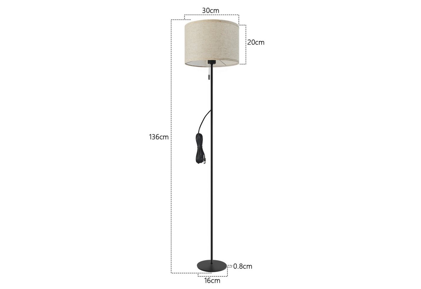 Nettlife LED Stehlampe Vintage Lampenschirm Dimmbar Wohnzimmer Beige mit Seilzugschalter, mit Seilzugschalter, LED fest integriert, Farbwechsler, Retro Leselampe für Schlafzimmer Esszimmer Büro Bild 4