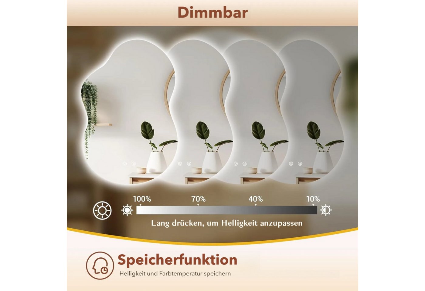 TLGREEN Badspiegel mit Beleuchtung,wandspiegel,Asymmetrisch Dekospiegel, (LED Spiegel mit 3 Lichtfarben dimmbar, gehärtetes Glas, Touch-Schalter, Memory-Funktion), beschlagfrei, moderner Badezimmerspiegel mit Licht