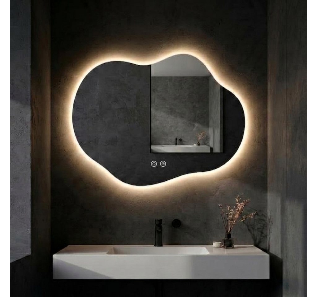 TLGREEN Badspiegel mit Beleuchtung,wandspiegel,Asymmetrisch Dekospiegel, (LED Spiegel mit 3 Lichtfarben dimmbar, gehärtetes Glas, Touch-Schalter, Memory-Funktion), beschlagfrei, moderner Badezimmerspiegel mit Licht Bild 2