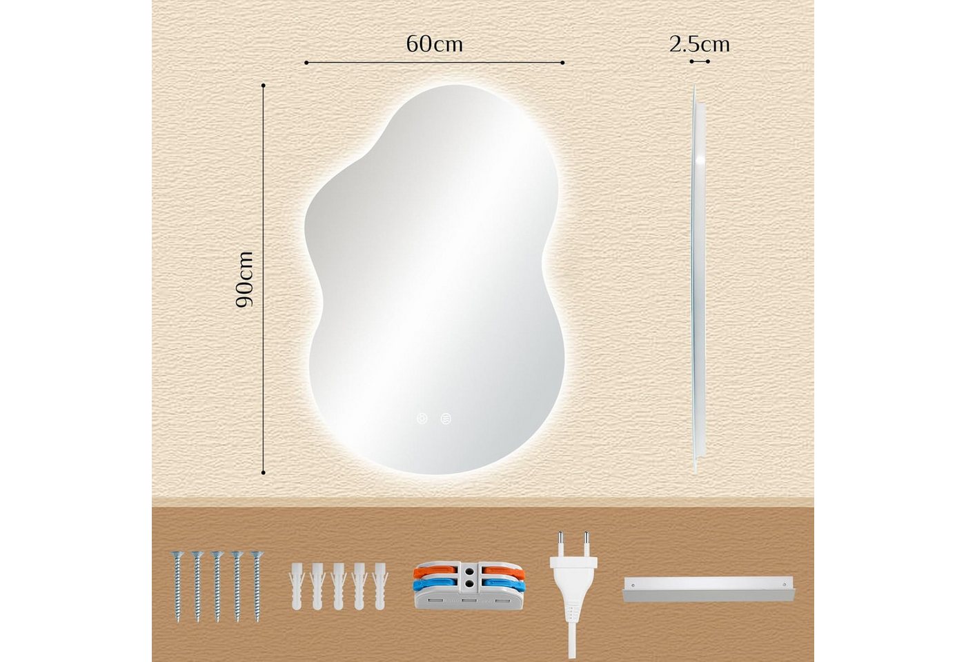 TLGREEN Badspiegel mit Beleuchtung,wandspiegel,Asymmetrisch Dekospiegel, (LED Spiegel mit 3 Lichtfarben dimmbar, gehärtetes Glas, Touch-Schalter, Memory-Funktion), beschlagfrei, moderner Badezimmerspiegel mit Licht Bild 4