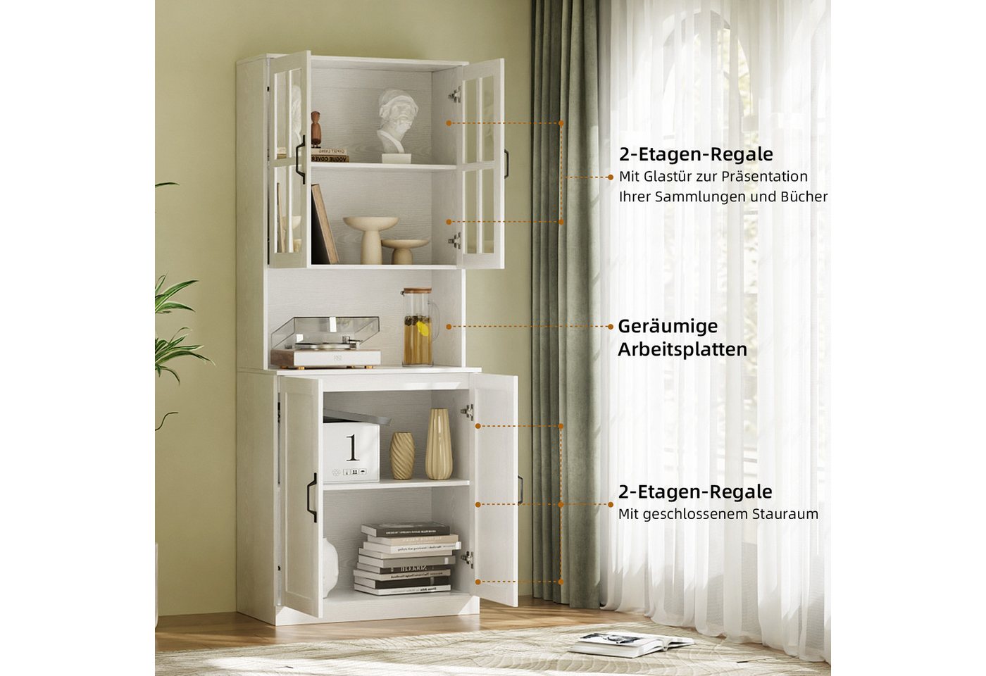 VOWNER Bücherregal mit Glastüren, offenem Fach & Arbeitsplatte – 5 Ebenen Hochschrank, 3-tlg., Vitrinenschrank Buffetschrank Standregal für Wohnzimmer & Büro