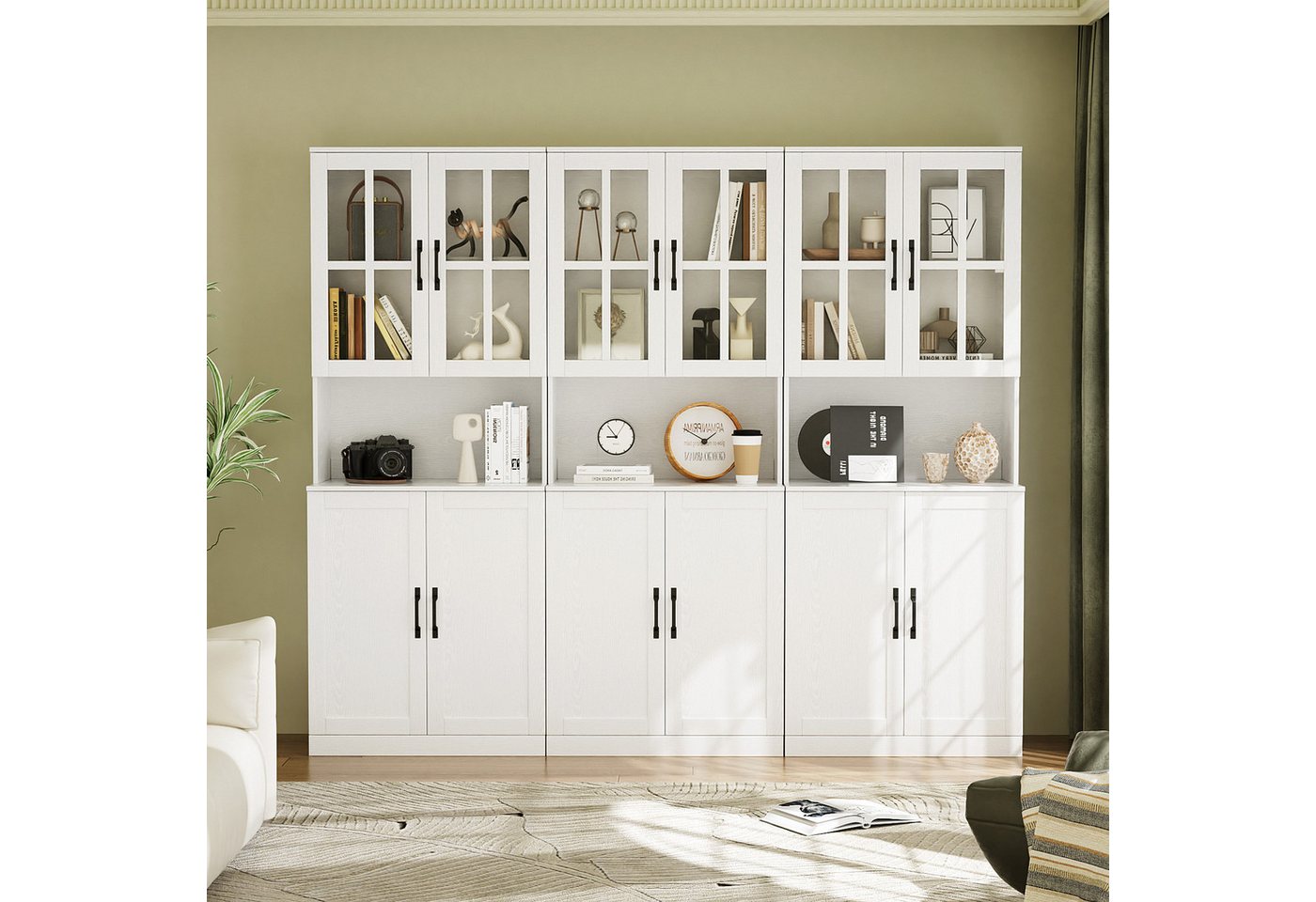 VOWNER Bücherregal mit Glastüren, offenem Fach & Arbeitsplatte – 5 Ebenen Hochschrank, 3-tlg., Vitrinenschrank Buffetschrank Standregal für Wohnzimmer & Büro Bild 2