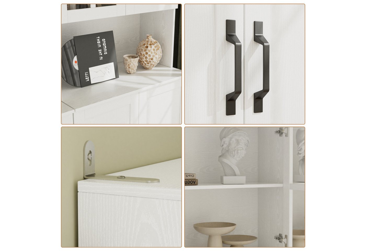 VOWNER Bücherregal mit Glastüren, offenem Fach & Arbeitsplatte – 5 Ebenen Hochschrank, 3-tlg., Vitrinenschrank Buffetschrank Standregal für Wohnzimmer & Büro Bild 3