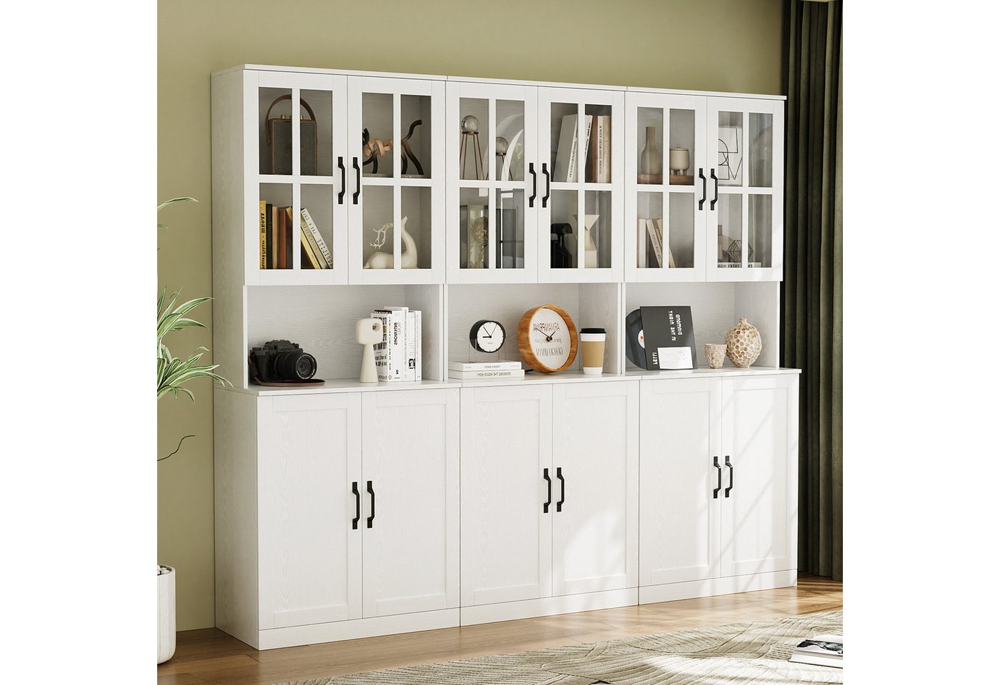 VOWNER Bücherregal mit Glastüren, offenem Fach & Arbeitsplatte – 5 Ebenen Hochschrank, 3-tlg., Vitrinenschrank Buffetschrank Standregal für Wohnzimmer & Büro Bild 4