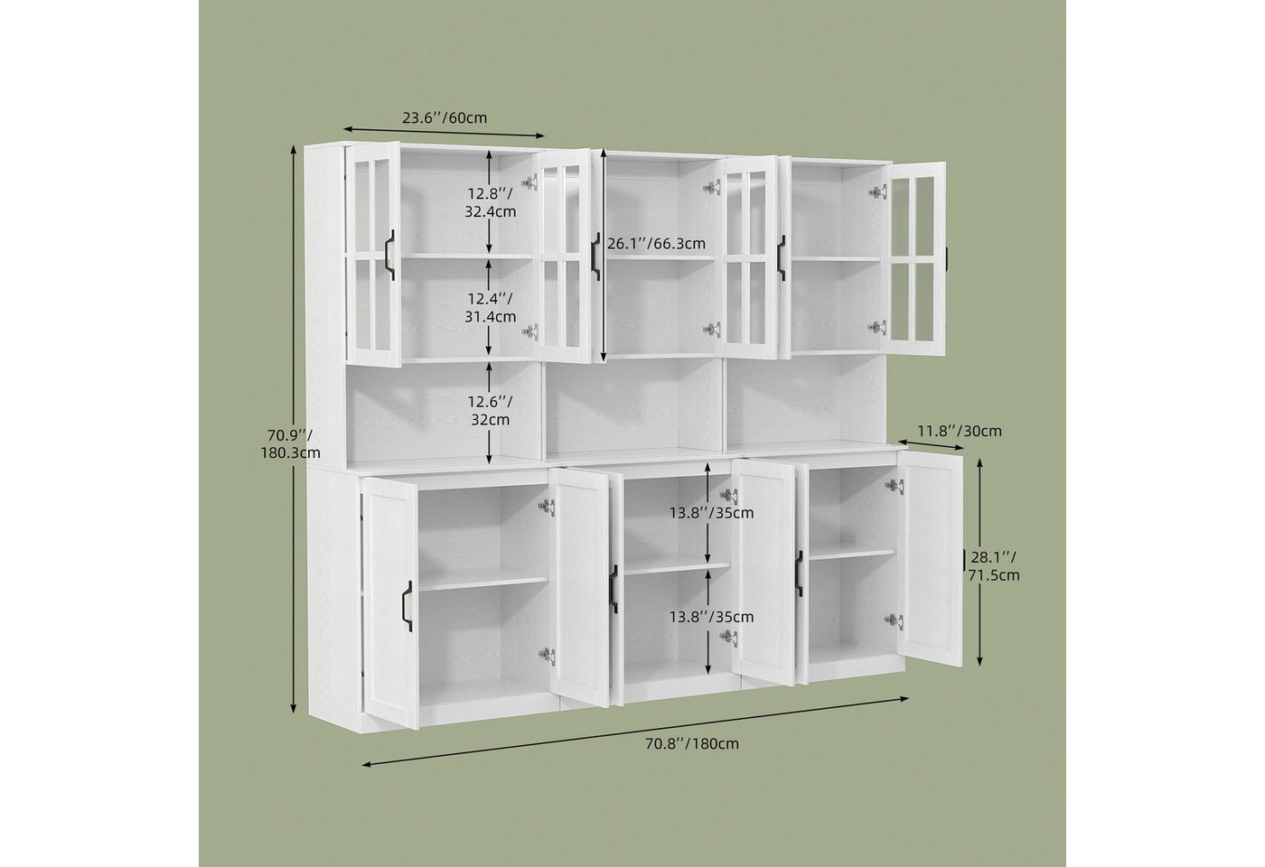 VOWNER Bücherregal mit Glastüren, offenem Fach & Arbeitsplatte – 5 Ebenen Hochschrank, 3-tlg., Vitrinenschrank Buffetschrank Standregal für Wohnzimmer & Büro Bild 5