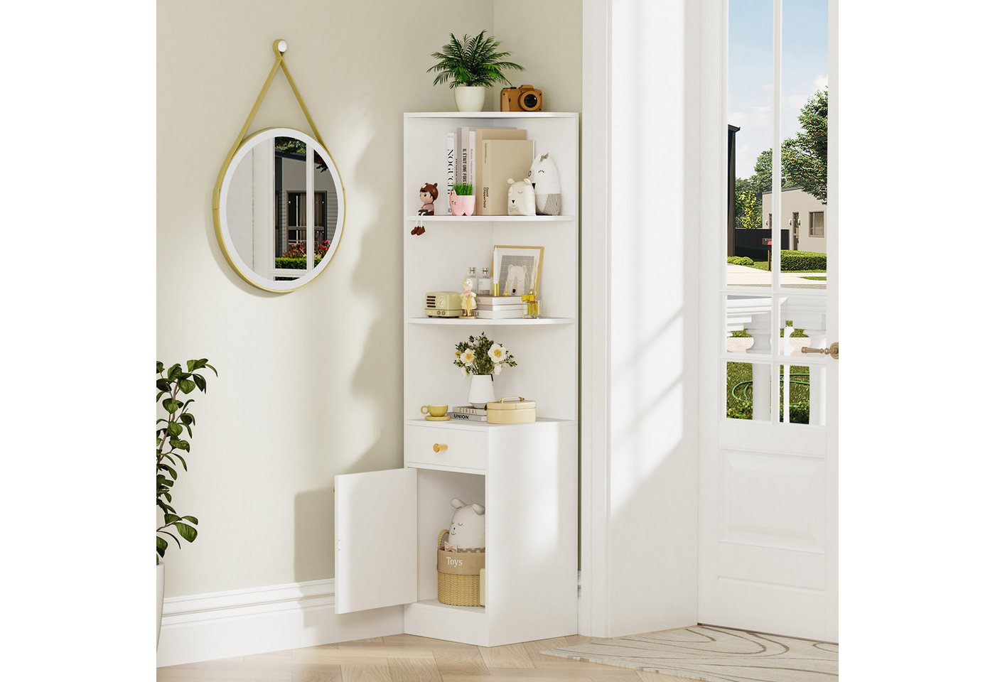 JEOBEST Bücherregal Modernes Eckregal Hochschrank 160cm, Standregal Lagerregal, 1St. 3 Offene Regale Eck-Bücherschrank,1 Schublade,1 Schrank mit Türen