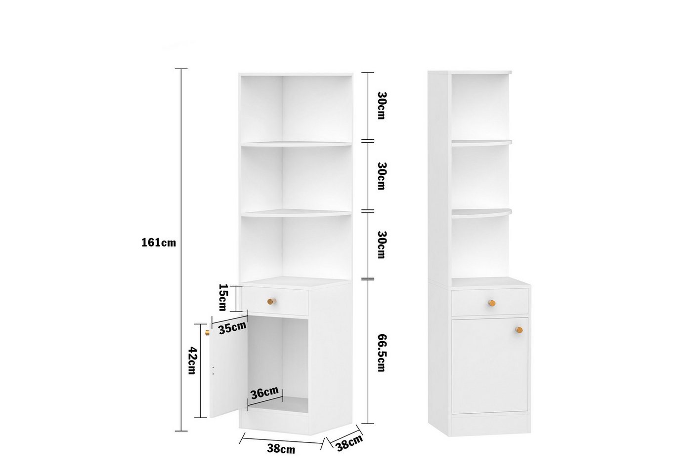 JEOBEST Bücherregal Modernes Eckregal Hochschrank 160cm, Standregal Lagerregal, 1St. 3 Offene Regale Eck-Bücherschrank,1 Schublade,1 Schrank mit Türen Bild 3