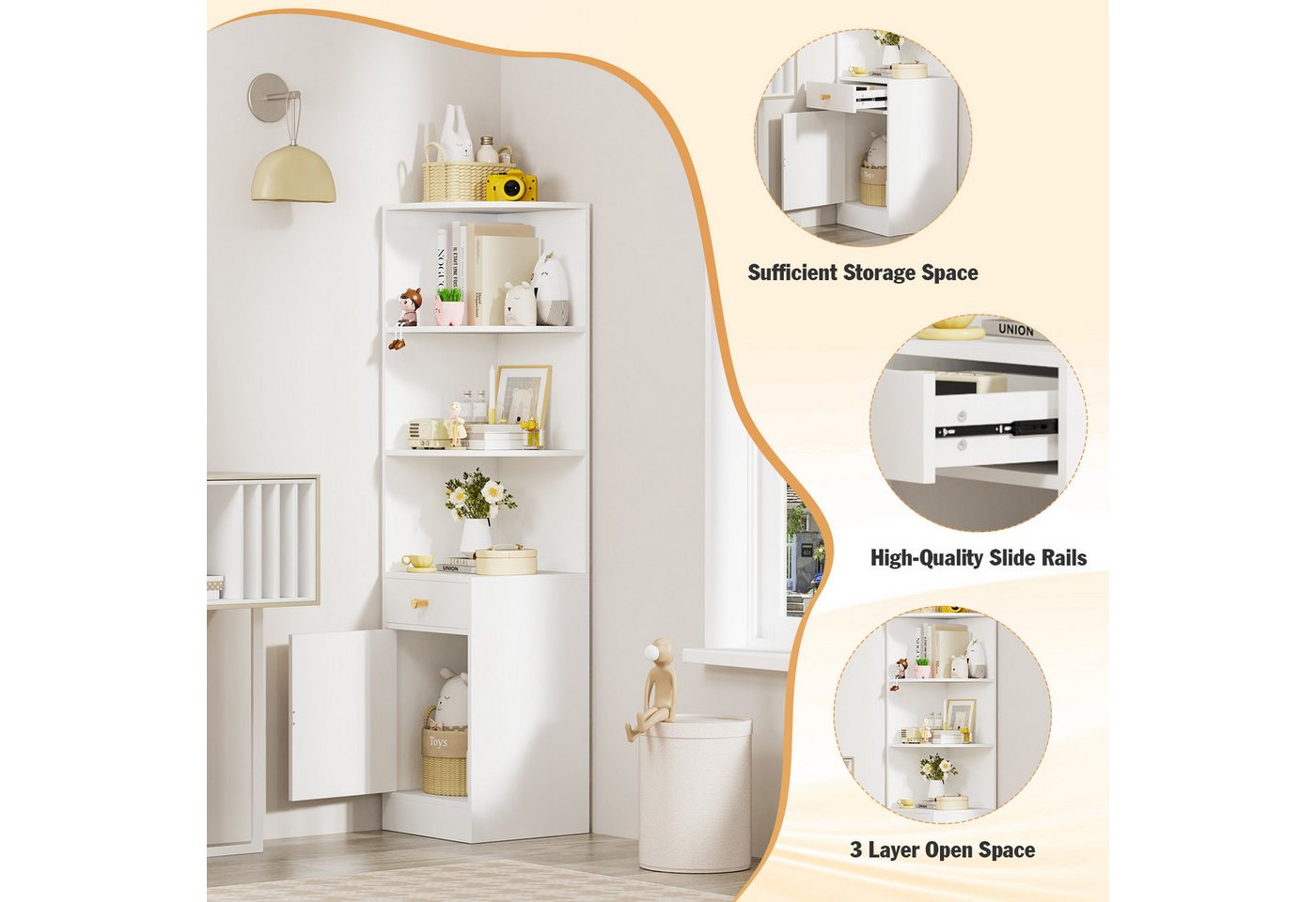 JEOBEST Bücherregal Modernes Eckregal Hochschrank 160cm, Standregal Lagerregal, 1St. 3 Offene Regale Eck-Bücherschrank,1 Schublade,1 Schrank mit Türen Bild 4