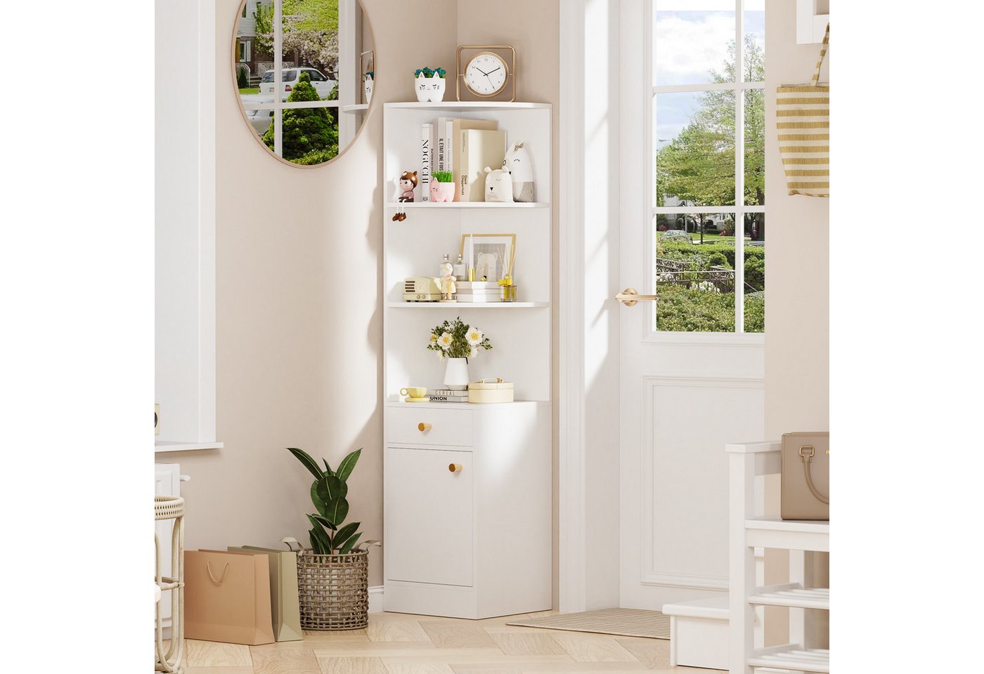 JEOBEST Bücherregal Modernes Eckregal Hochschrank 160cm, Standregal Lagerregal, 1St. 3 Offene Regale Eck-Bücherschrank,1 Schublade,1 Schrank mit Türen Bild 5