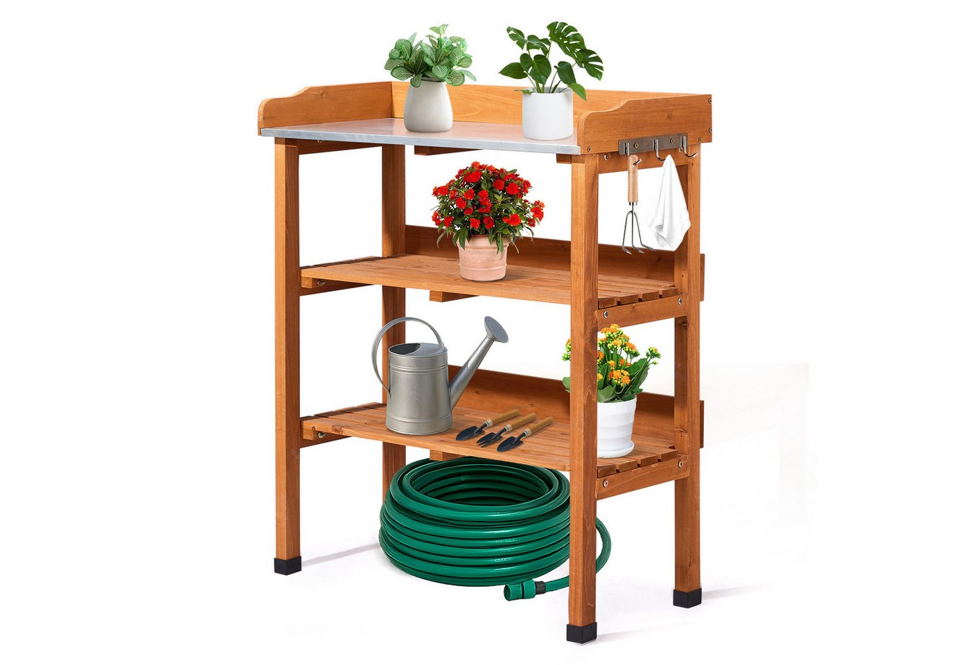 LALAHO Pflanztisch 3 Ablagen, Gärtnertisch mit verzinkter Arbeitsplatte, Garten-Blumentisch für Outdoor, wetterfest, 74x36x90cm, Holzfarbe