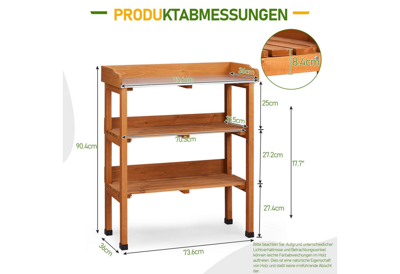 LALAHO Pflanztisch 3 Ablagen, Gärtnertisch mit verzinkter Arbeitsplatte, Garten-Blumentisch für Outdoor, wetterfest, 74x36x90cm, Holzfarbe Bild 2