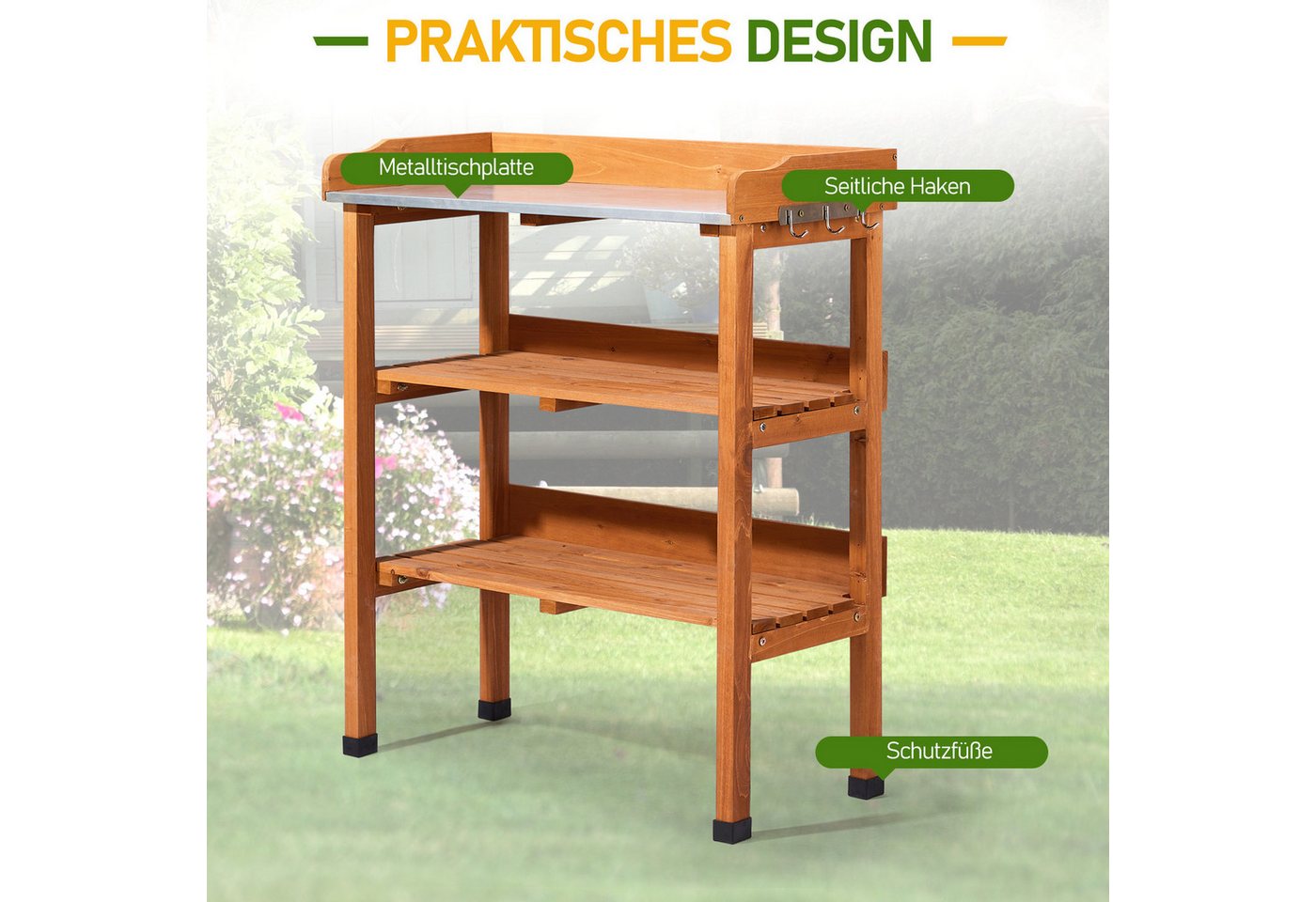 LALAHO Pflanztisch 3 Ablagen, Gärtnertisch mit verzinkter Arbeitsplatte, Garten-Blumentisch für Outdoor, wetterfest, 74x36x90cm, Holzfarbe Bild 3