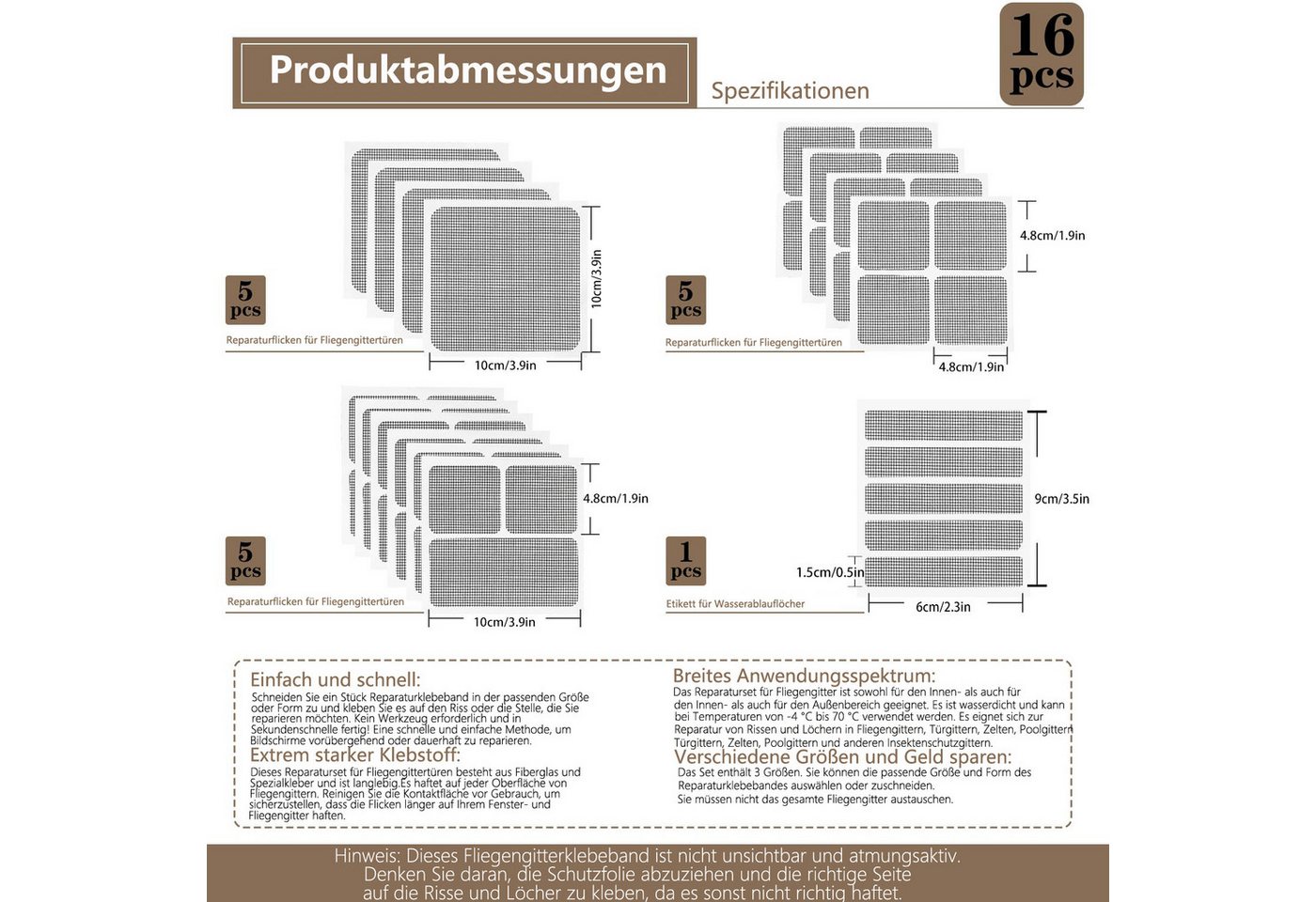 Ledander Insektenschutz-Fensterrahmen Fliegengitter Reparatur Set 16 Stück, 4 Größen Fensterbildschirm, (16-St), Fliegengitter Reparaturband für Fenster, selbstklebend, Insektenschutz