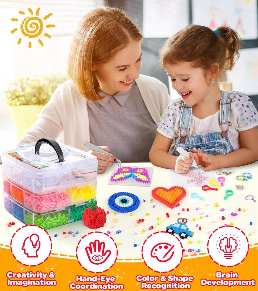 Ophy Kreativset 10.000+ Bügelperlen Set (5mm, 20 Farben), (inkl. Aufbewahrungsbox, 6 Platten, 16 Vorlagen, Bügelpapier), 3D Bastelideen, Geschenk für Kinder