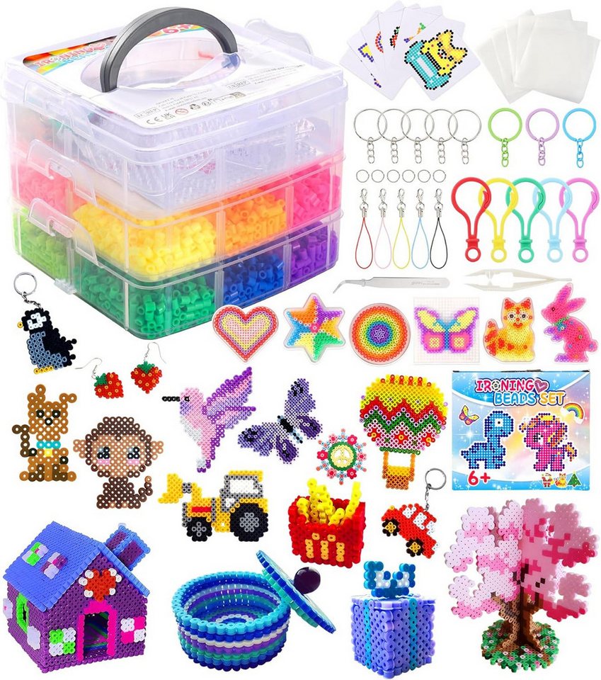 Ophy Kreativset 10.000+ Bügelperlen Set (5mm, 20 Farben), (inkl. Aufbewahrungsbox, 6 Platten, 16 Vorlagen, Bügelpapier), 3D Bastelideen, Geschenk für Kinder Bild 2