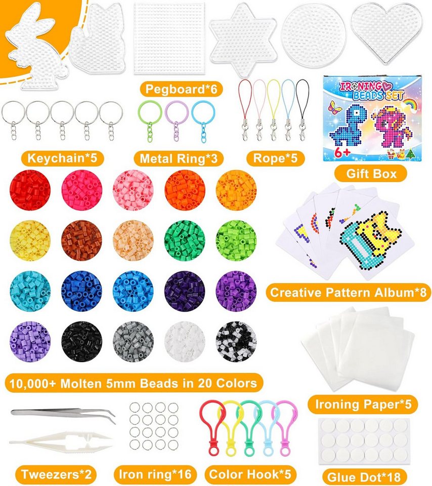 Ophy Kreativset 10.000+ Bügelperlen Set (5mm, 20 Farben), (inkl. Aufbewahrungsbox, 6 Platten, 16 Vorlagen, Bügelpapier), 3D Bastelideen, Geschenk für Kinder Bild 3