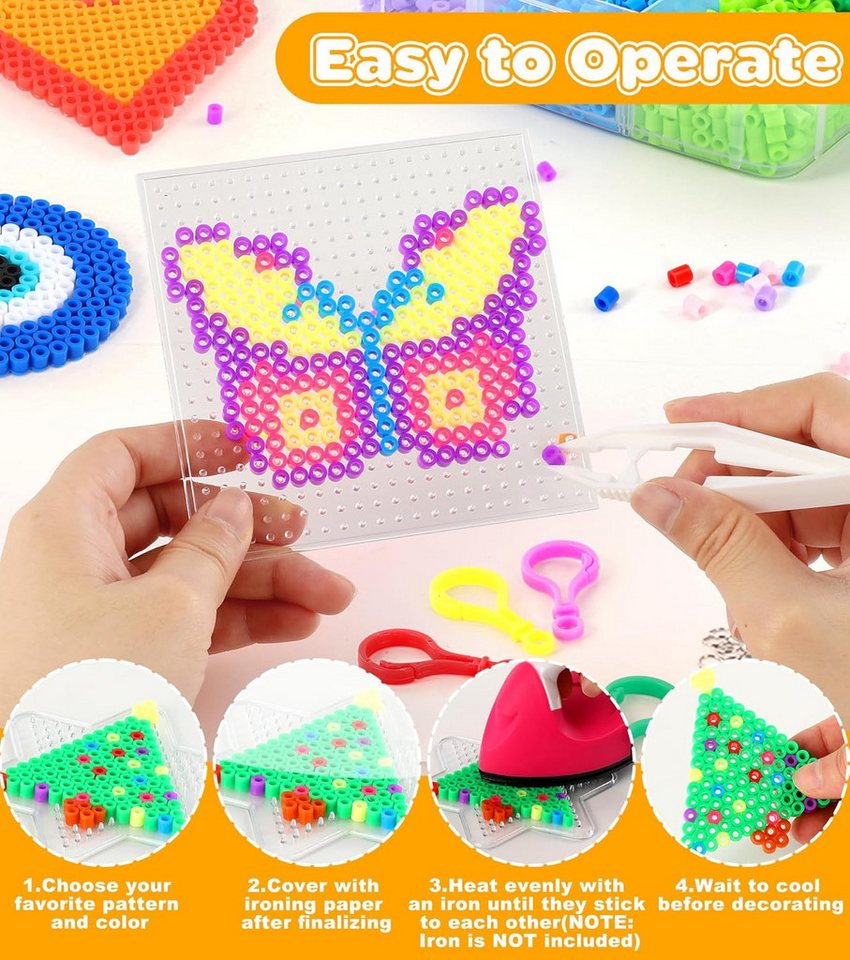 Ophy Kreativset 10.000+ Bügelperlen Set (5mm, 20 Farben), (inkl. Aufbewahrungsbox, 6 Platten, 16 Vorlagen, Bügelpapier), 3D Bastelideen, Geschenk für Kinder Bild 4