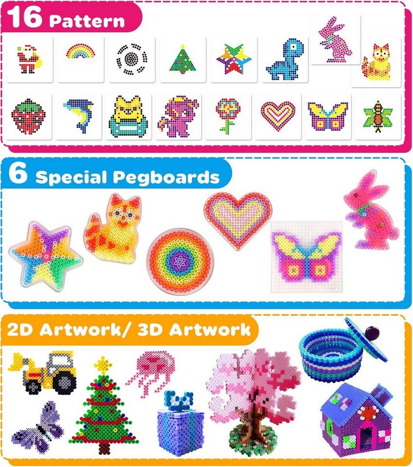 Ophy Kreativset 10.000+ Bügelperlen Set (5mm, 20 Farben), (inkl. Aufbewahrungsbox, 6 Platten, 16 Vorlagen, Bügelpapier), 3D Bastelideen, Geschenk für Kinder Bild 5