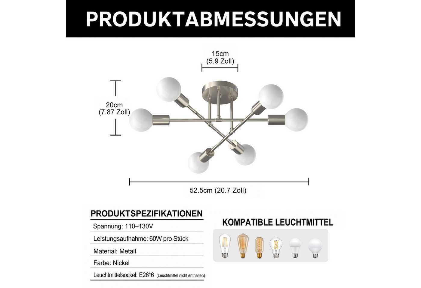 LOHAS-LED Deckenleuchte 6-flammige Deckenleuchte in Sandnickel-Optik, Metall, ohne Leuchtmittel, Moderne Deckenlampe mit E27-Sockel, für Wohnzimmer & Schlafzimmer Bild 3
