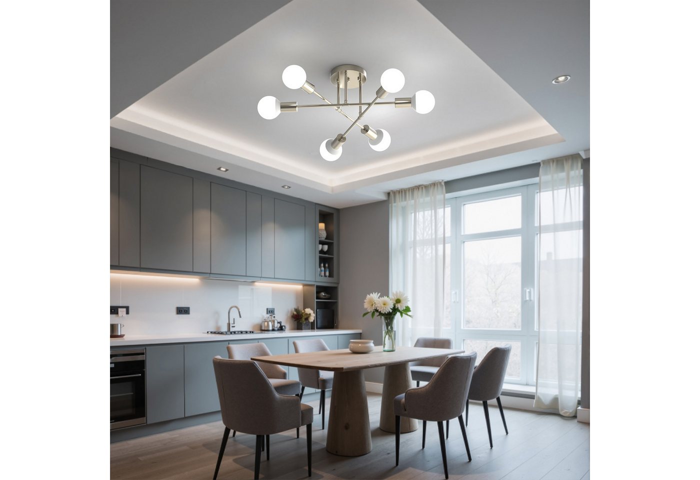 LOHAS-LED Deckenleuchte 6-flammige Deckenleuchte in Sandnickel-Optik, Metall, ohne Leuchtmittel, Moderne Deckenlampe mit E27-Sockel, für Wohnzimmer & Schlafzimmer Bild 4