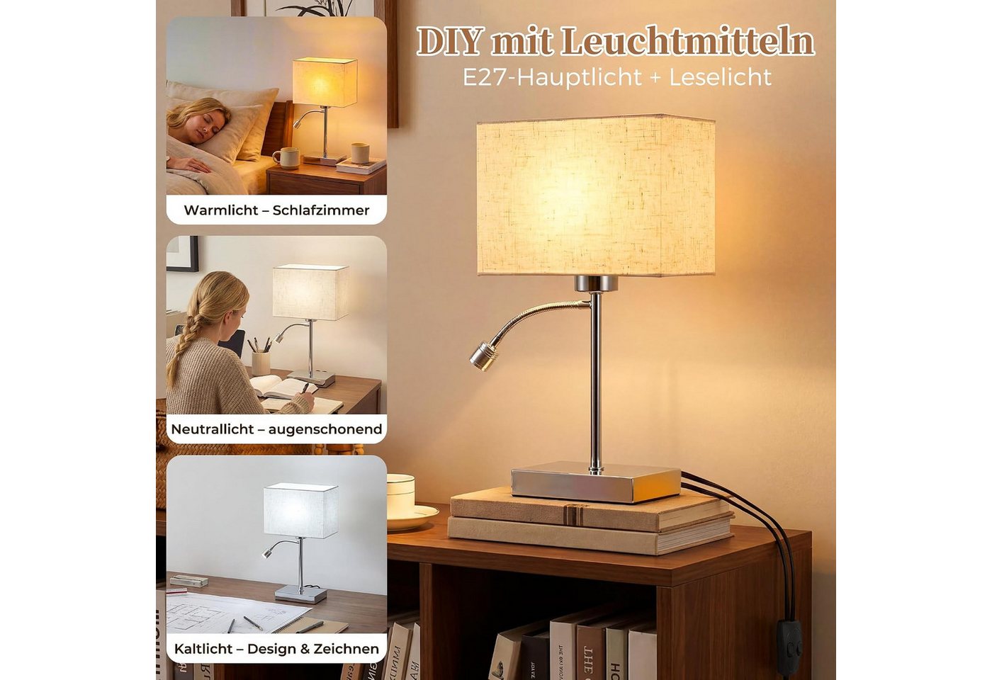 ZMH LED Tischleuchte LED Tischleuchte E27, 360° schwenkbar, Leselampe mit Leselicht, Augenschutz, LED fest integriert, Warmweiß-Neutralweiß-Kaltweiß, E27-Hauptlicht & LED-Leselicht, 360° schwenkbarer Bild 2