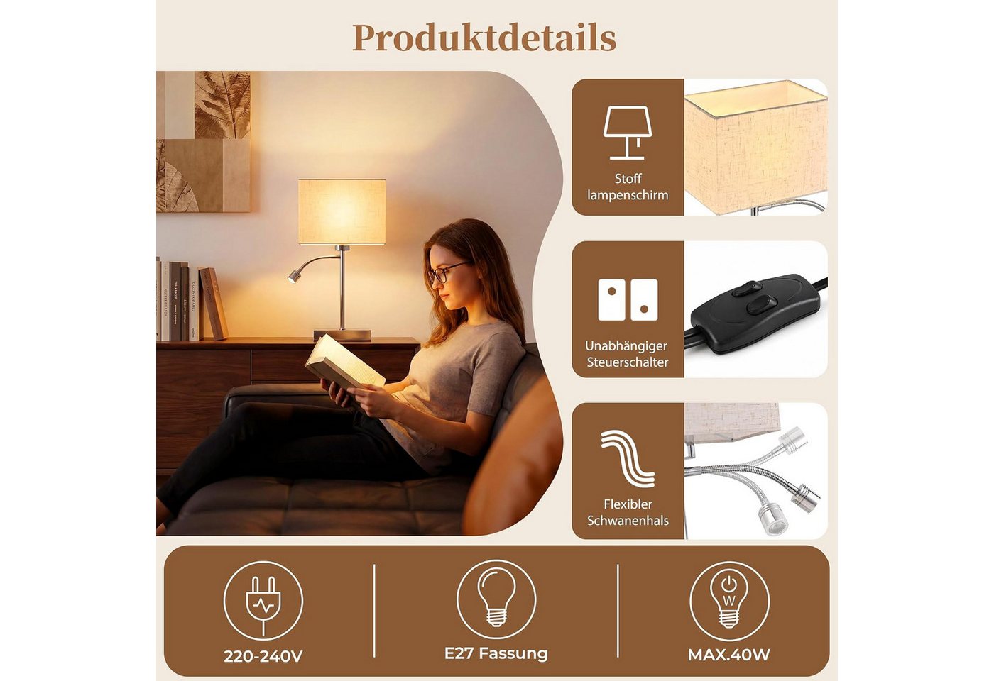 ZMH LED Tischleuchte LED Tischleuchte E27, 360° schwenkbar, Leselampe mit Leselicht, Augenschutz, LED fest integriert, Warmweiß-Neutralweiß-Kaltweiß, E27-Hauptlicht & LED-Leselicht, 360° schwenkbarer Bild 5