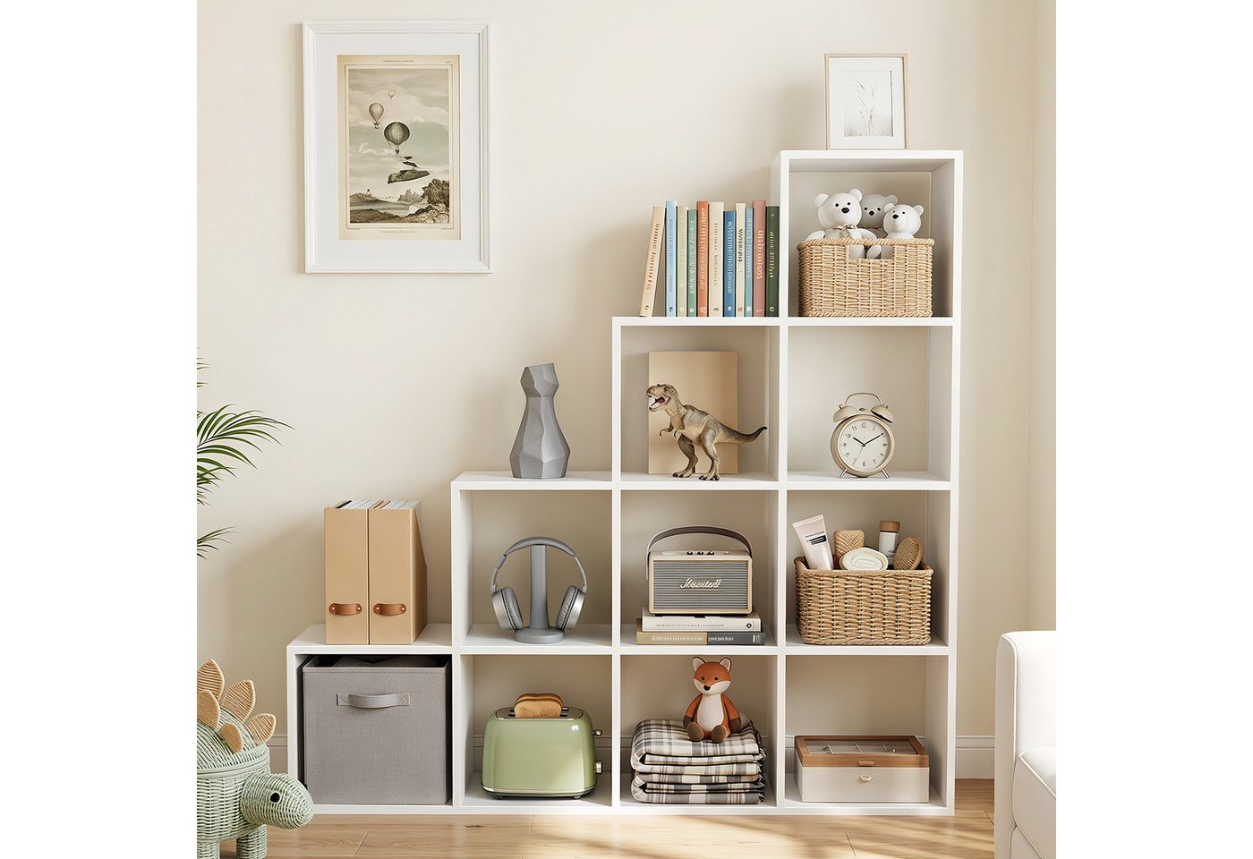 oyajia Bücherregal mit 10 Fächern, Regal offen, Stufenregal, Bücherregal, offenes Aufbewahrungsregal, 128 x 29 x 128 cm