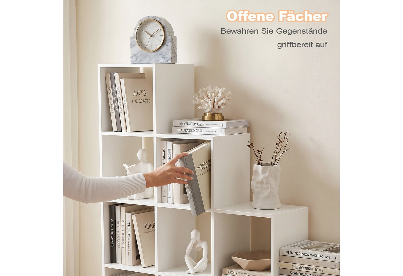 oyajia Bücherregal mit 10 Fächern, Regal offen, Stufenregal, Bücherregal, offenes Aufbewahrungsregal, 128 x 29 x 128 cm Bild 4