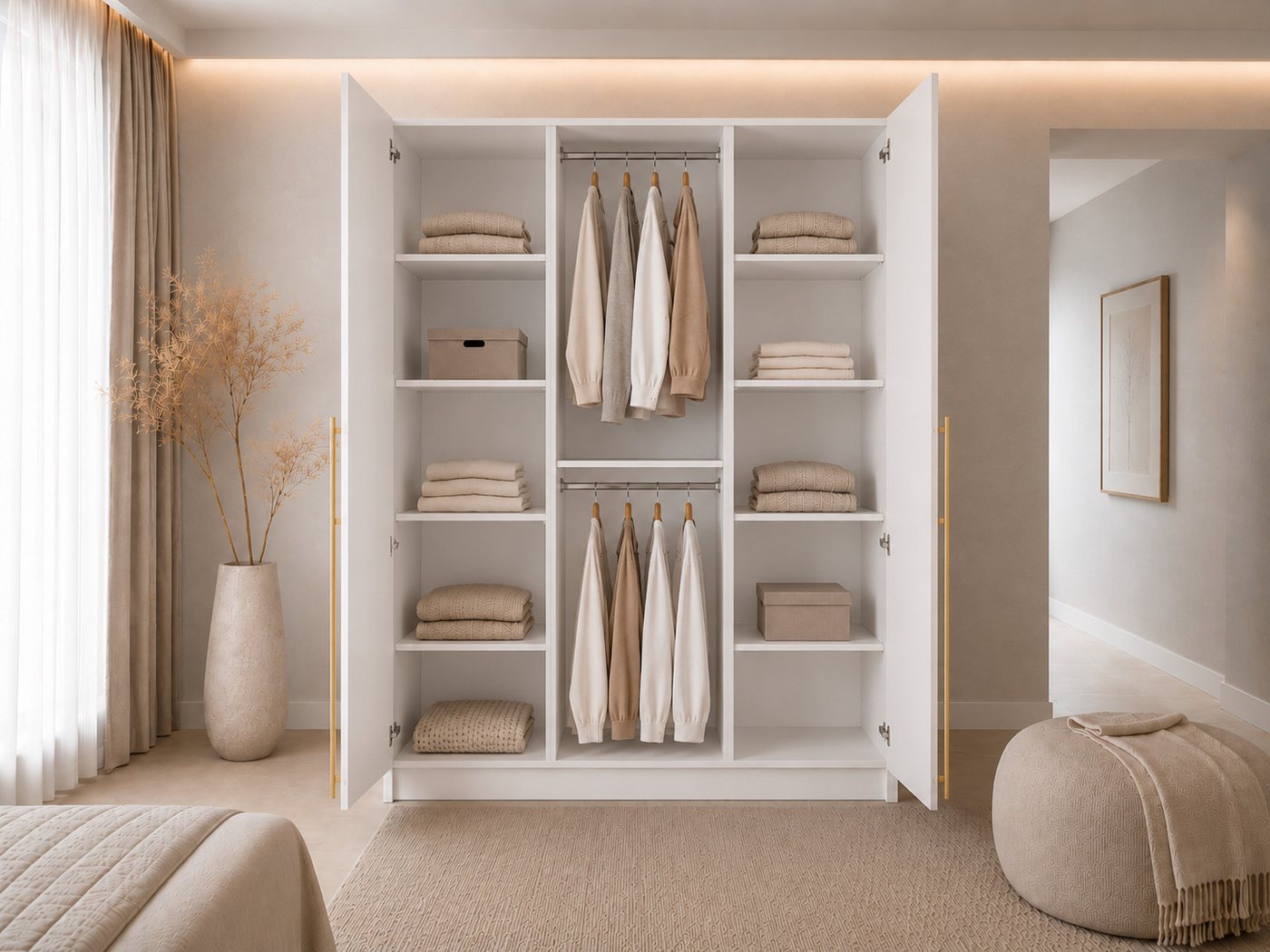 MOEBLO Drehtürenschrank Glamy 3D (100 cm - Moderner 3-türiger Kleiderschrank Glamy mit viel Stauraum, Kleiderstange, Einlegeböden und goldfarbenen Griffen – ideal für Schlafzimmer und Ankleidezimmer, Drehtürenschrank) (BxHxT): 150 x 210 x 57 cm