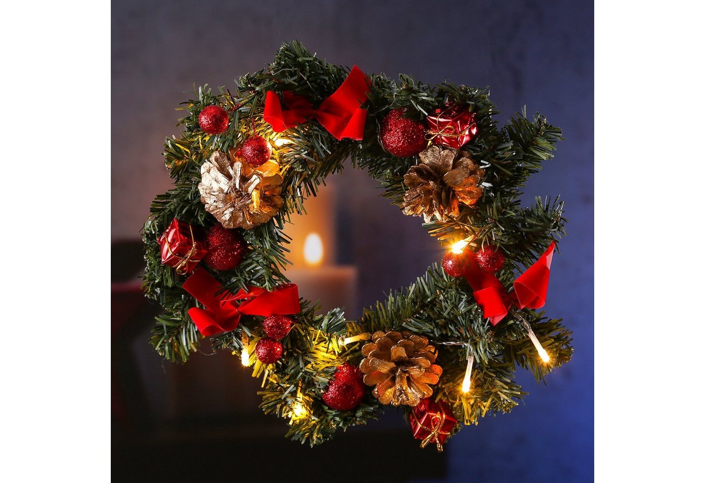 MARELIDA Dekokranz LED Tannenkranz Türkranz Weihnachtskranz D: 30cm 10 LED Innen rot gold