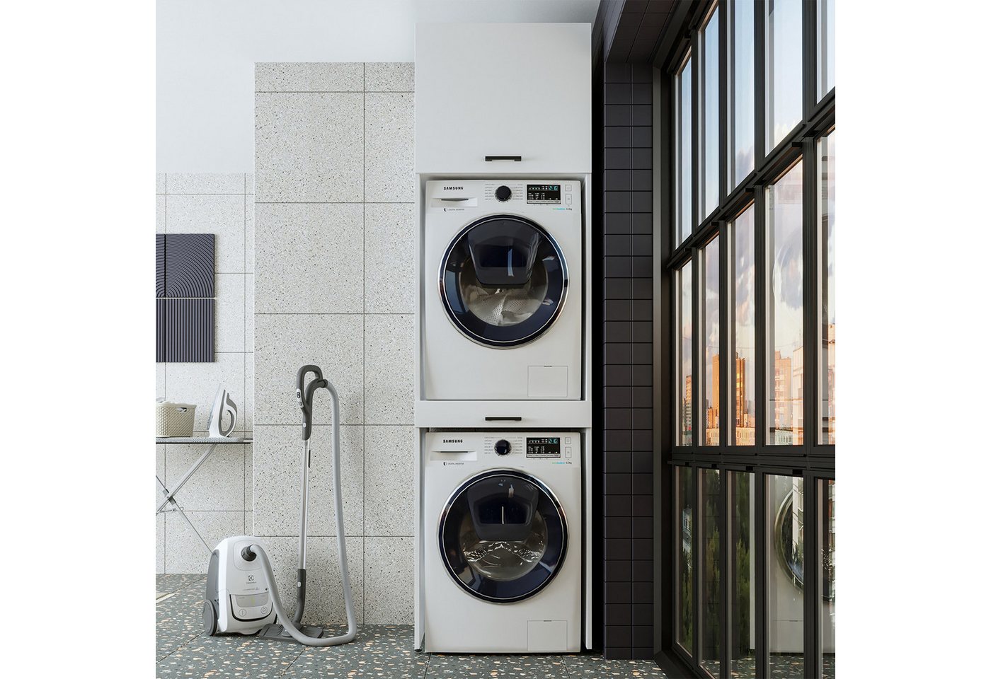 Roomart Waschmaschinenumbauschrank Waschplatz für Waschmaschine & Trockner mit Ausziehbrett & Hochschrank (Waschmaschinenschrank für Trockner und Waschmaschine Überbauschrank)