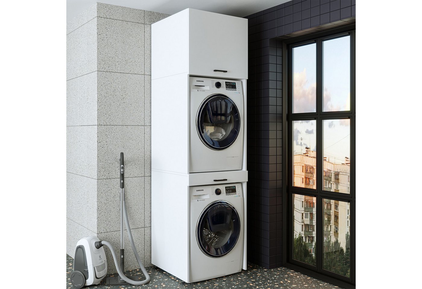 Roomart Waschmaschinenumbauschrank Waschplatz für Waschmaschine & Trockner mit Ausziehbrett & Hochschrank (Waschmaschinenschrank für Trockner und Waschmaschine Überbauschrank) Bild 2